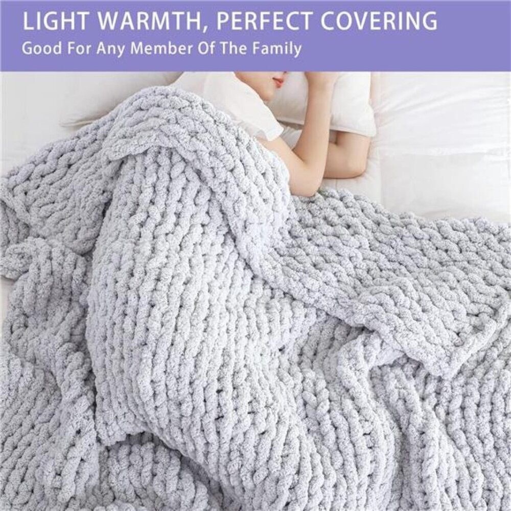 Chunky Knit Blanket Throw 51"x63", 100% Hand Knitted Chenille Throw Blanket - Picture 2 of 8